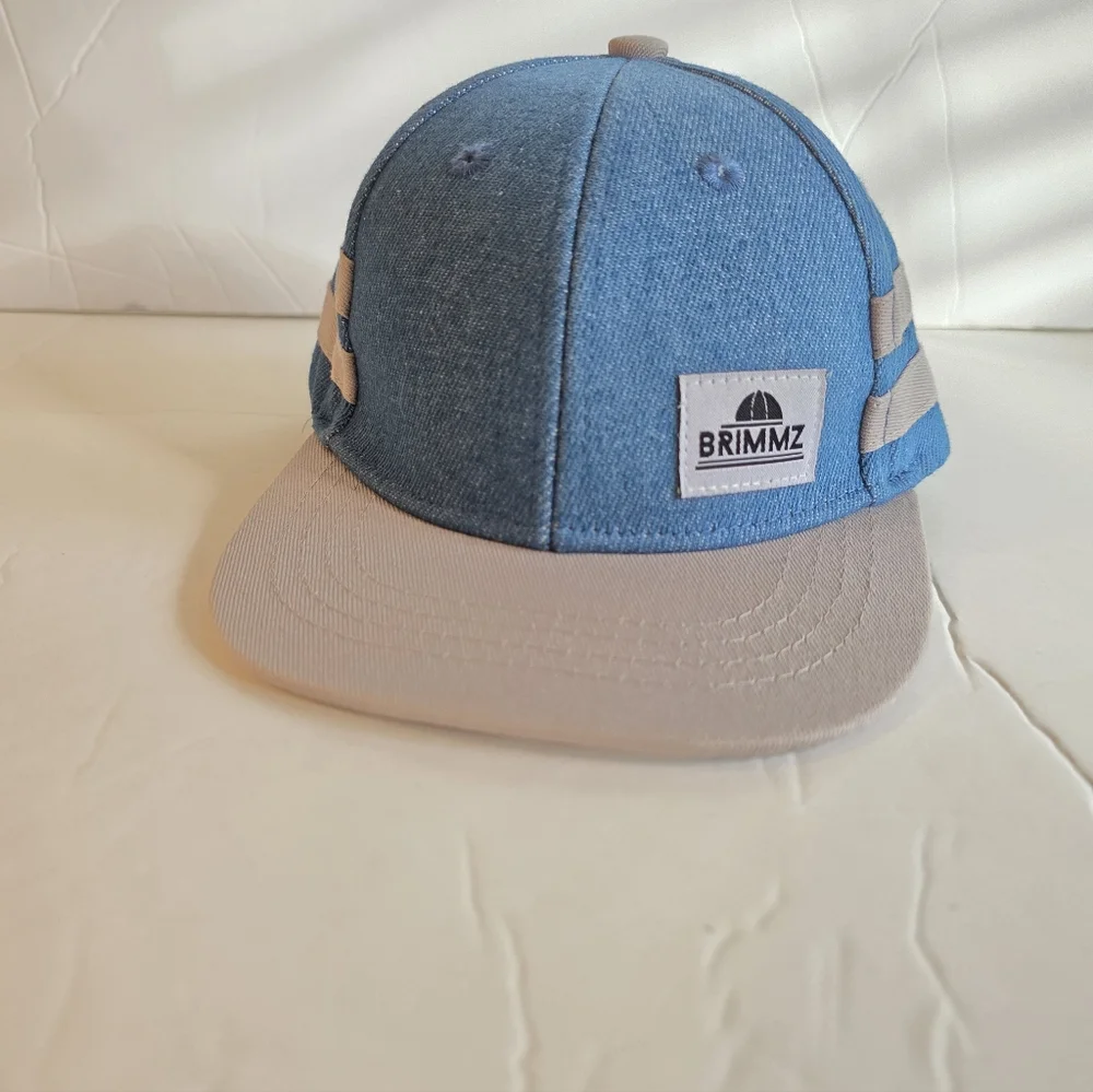 Brimmz Trucker Hat snap back Denim Chambray black Blue White Stripe XS